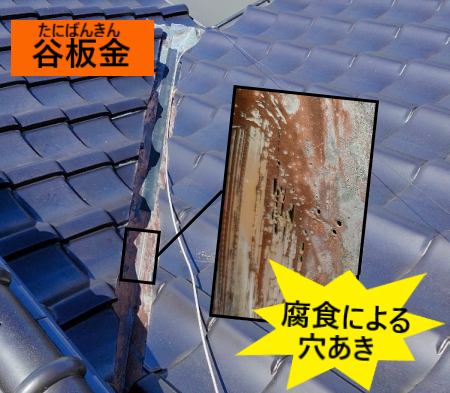 銅板製の谷板金が腐食で穴が開いている　ガルバリウム鋼板製に張り替え